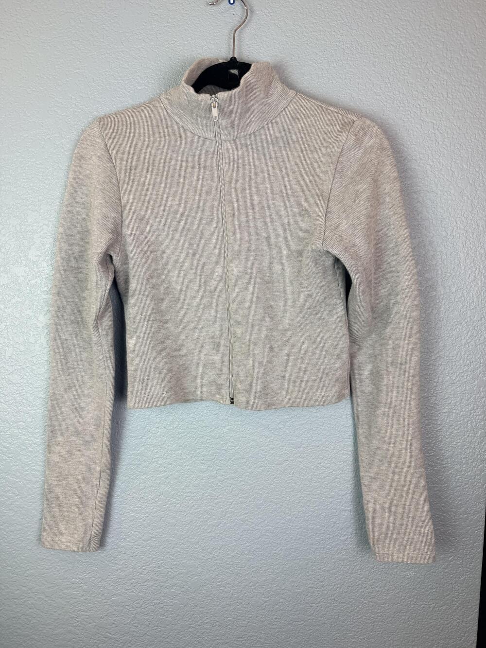 Brandy Melville Sweater Womens One Size Mock Grey Full Zip Cropped Made Italy